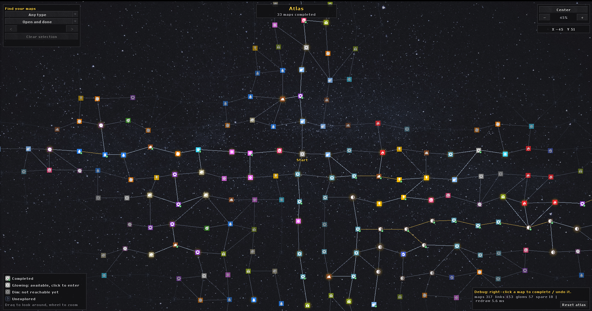 PokéInfinity Atlas screen showing connected Pokémon habitat nodes and expedition routes